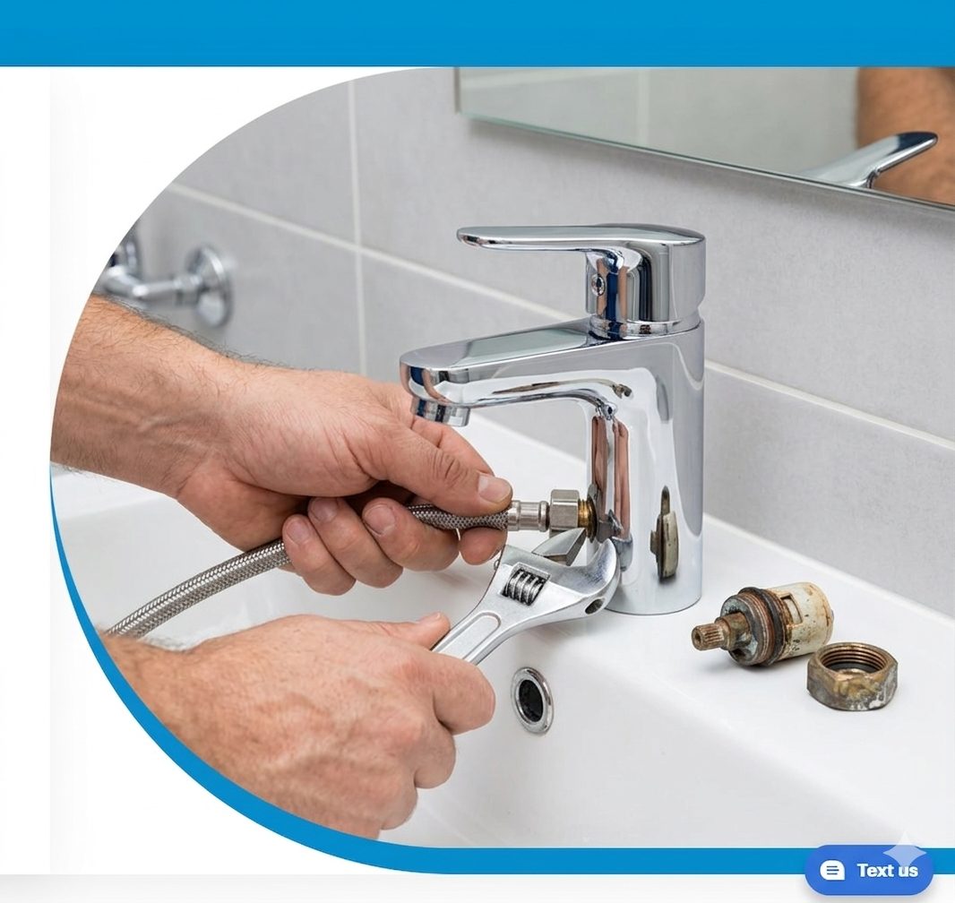 Close-up of a licensed plumber repairing a bathroom tap with a wrench